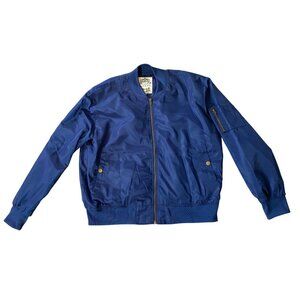 Made By Johnny Blue Bomber Jacket With Zipper & Snap Pockets Large